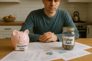 A parent sitting at a kitchen table with a piggy bank labeled “Emergency Fund” and a jar labeled “College Fund,” reviewing paperwork to plan for college savings responsibly.