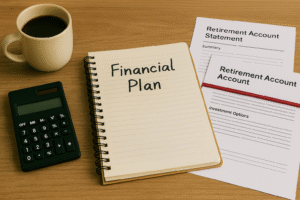 A desk with a financial plan notebook, calculator, and printed retirement account statements placed next to a coffee mug.