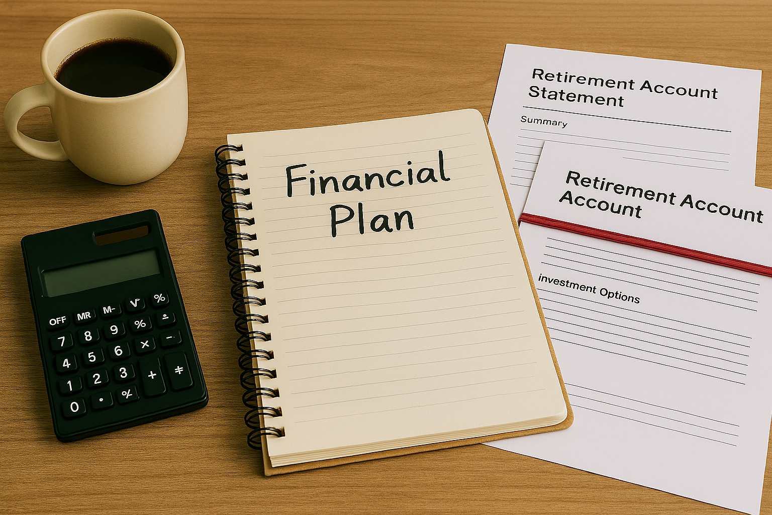 A desk with a financial plan notebook, calculator, and printed retirement account statements placed next to a coffee mug.