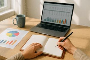 Hands writing in a leather-bound planner at a desk with financial charts, an open laptop showing a budget spreadsheet, and a mug of coffee.