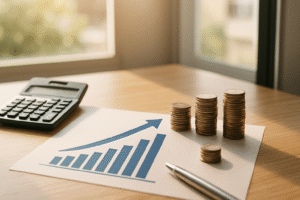 A desk displaying a printed financial growth chart next to a calculator and stacked coins in natural light.