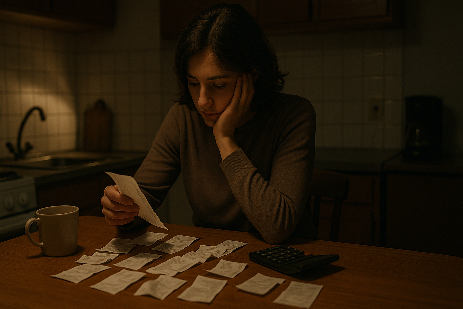 Person reviewing receipts at a kitchen table with a calculator and empty coffee mug, representing financial habits and the routine nature of debt.