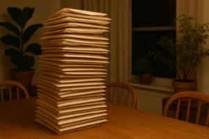 A large stack of beige envelopes sits on a wooden dining table under warm artificial light.