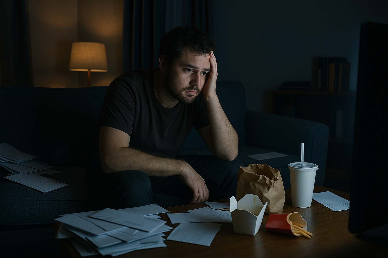A person sits alone on a couch at night with cluttered mail and a glowing television, capturing financial avoidance and emotional withdrawal.