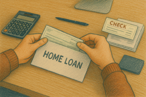 A hand placing a payment into a home loan envelope on a desk with a calculator, pen, and bank paperwork.