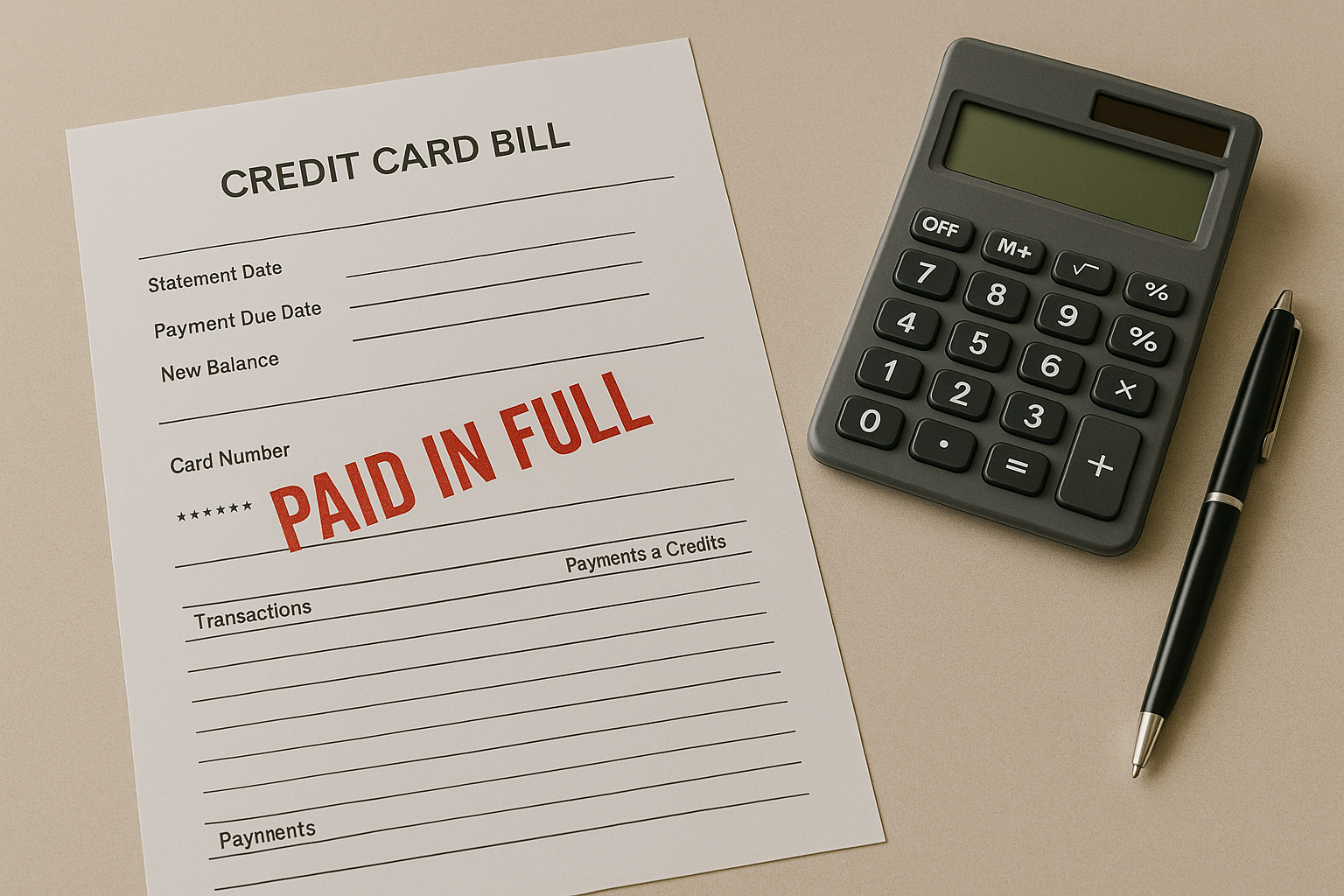 A closed credit card bill labeled “Paid in Full” beside a calculator and pen on a desk.