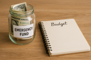A jar labeled “Emergency Fund” filled with cash beside an open budget notebook on a table.