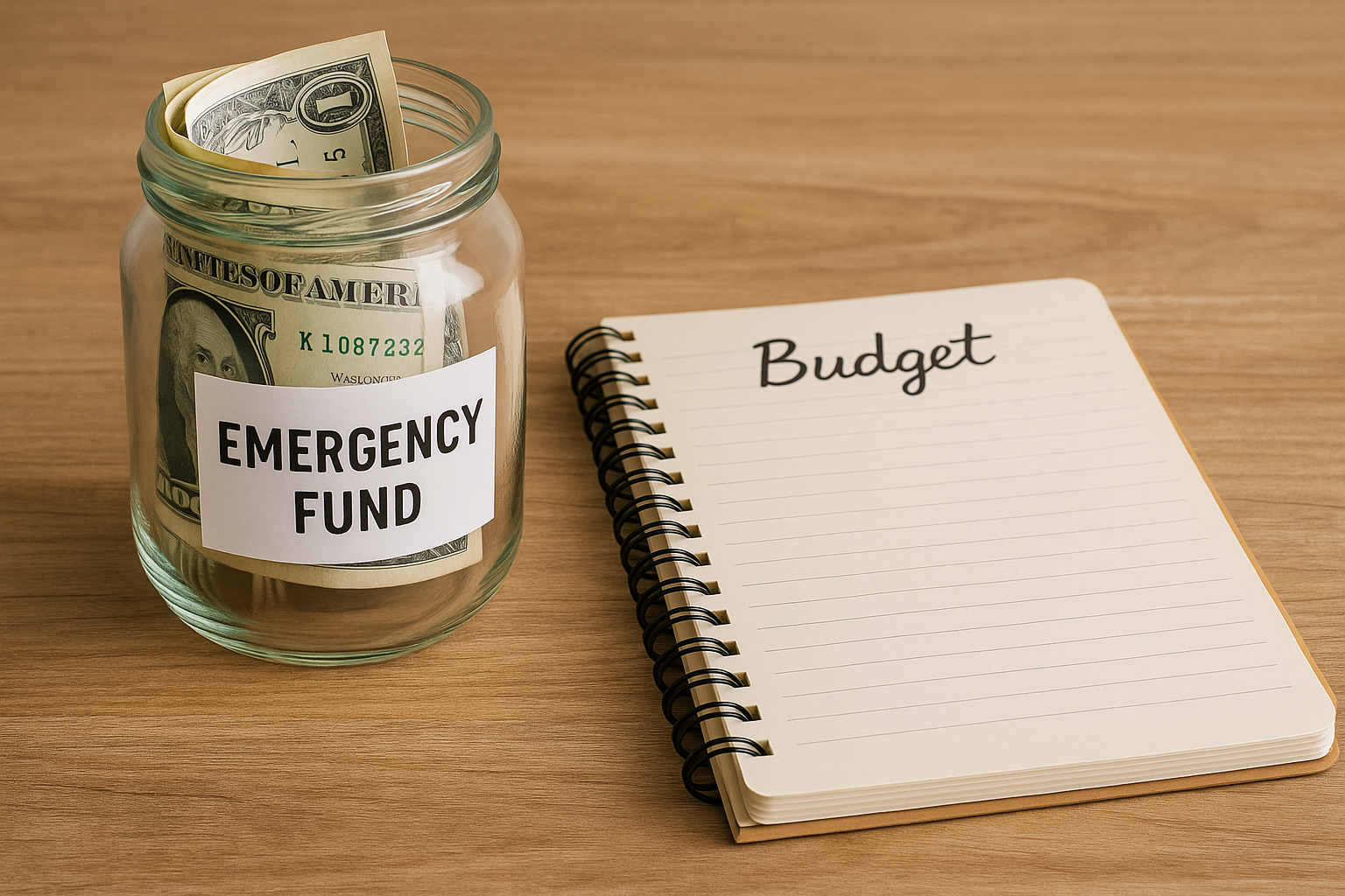 A jar labeled “Emergency Fund” filled with cash beside an open budget notebook on a table.