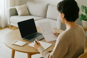 Person at a round table in a bright living room reviewing printed financial statements with a laptop and pen.