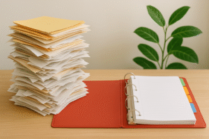 a desk with a stack of files and an open notebook
