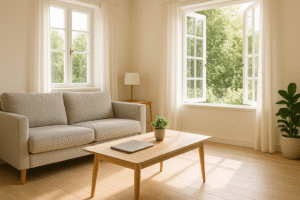 A bright, uncluttered living room with open windows, a small plant, and a closed laptop on a tidy coffee table.