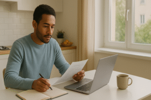 Person at a kitchen table with a laptop, notebook, and coffee, reviewing a household budget in natural light.