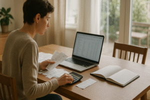 Person reviewing household budget with a laptop, calculator, and notes at a dining table in natural light.