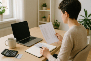 Person in a bright home office reviewing a budget on a laptop with coffee and notes on the desk.