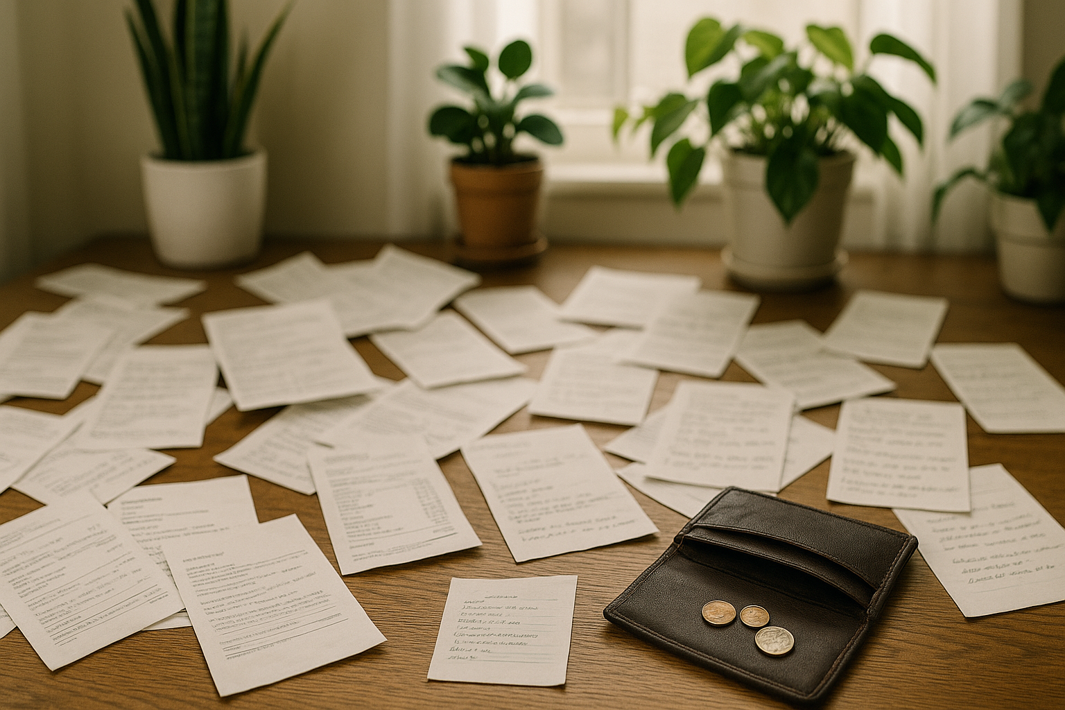 Table cluttered with bills, receipts, notes with blurred-out text, and a half-open wallet with a few coins and a dollar.