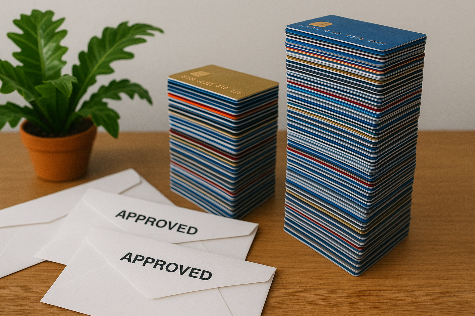 Stacks of credit cards and approval envelopes