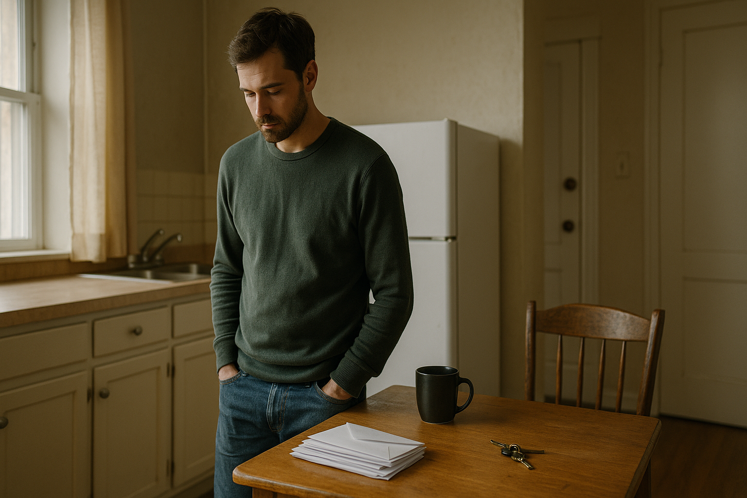 A man stands in a modest kitchen, looking down at a stack of unopened envelopes on a wooden table, next to a coffee mug and house keys. Natural light from a nearby window highlights the quiet, reflective atmosphere.