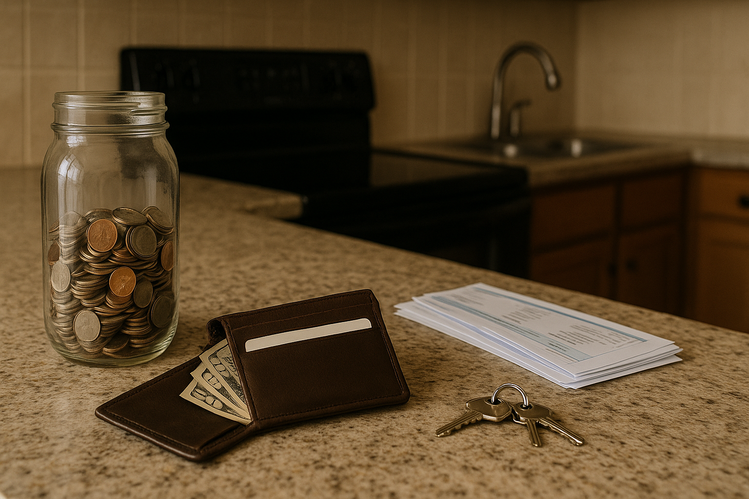 A kitchen counter with a jar of coins, an open wallet, unpaid bills, and house keys.