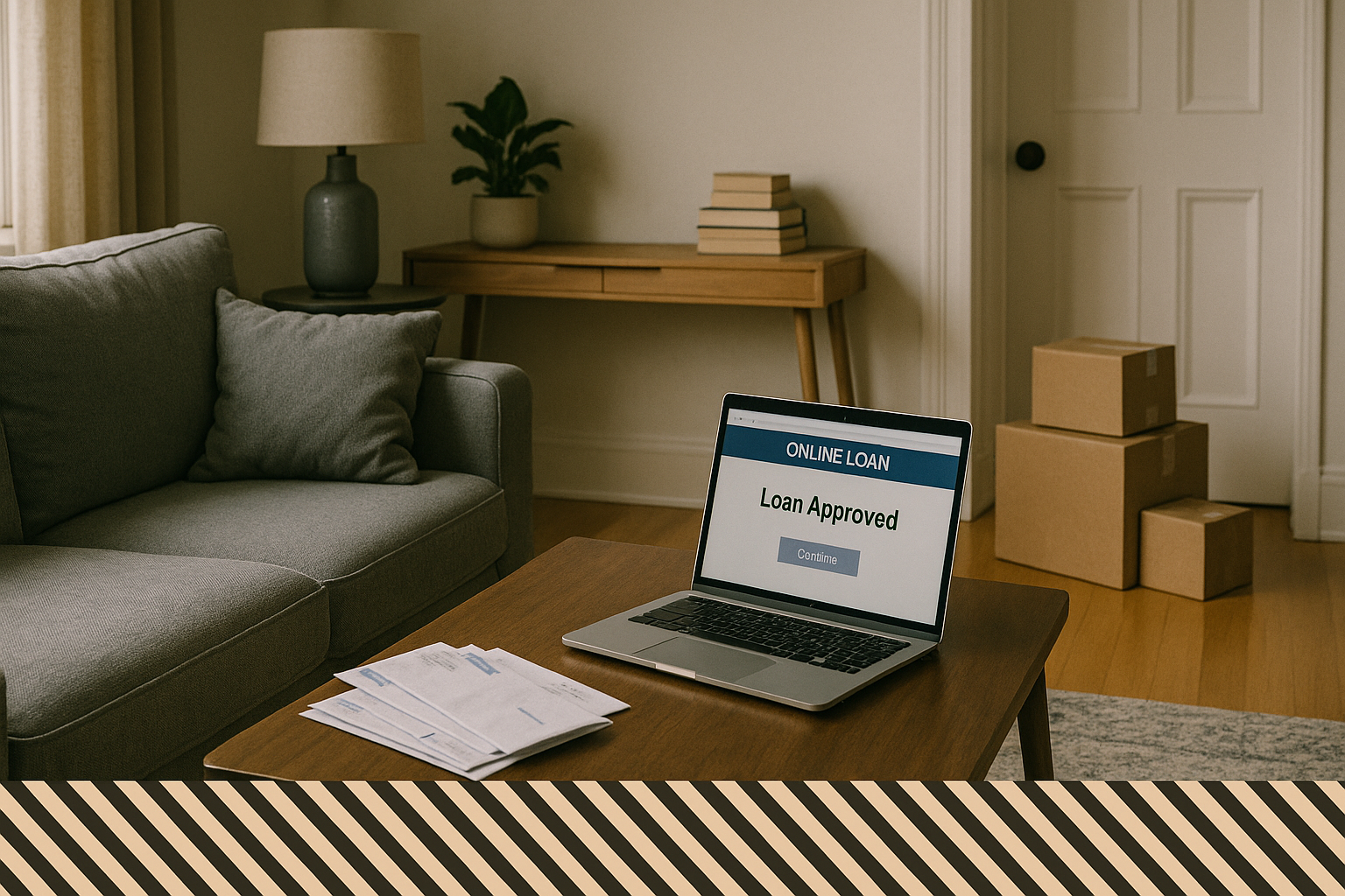 A cluttered living room with credit card bills, delivery boxes, and a laptop showing a loan approval screen, representing everyday debt accumulation.