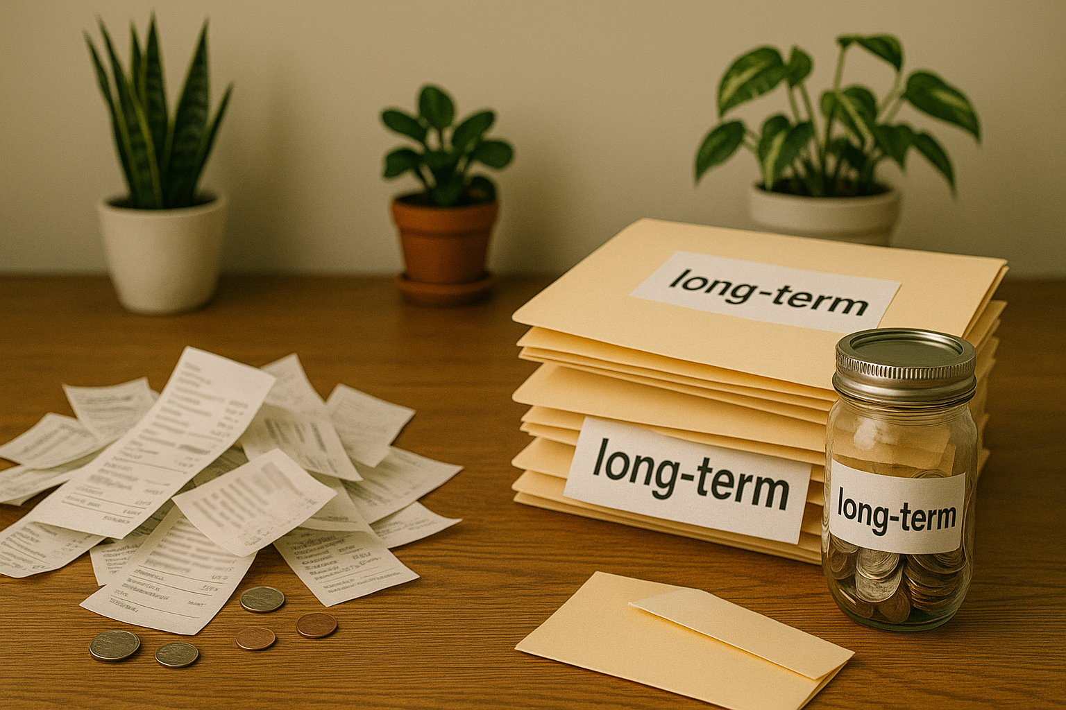Desk with scattered small bills and receipts on one side and organized folders with a savings jar on the other, with blurred-out text on documents.
