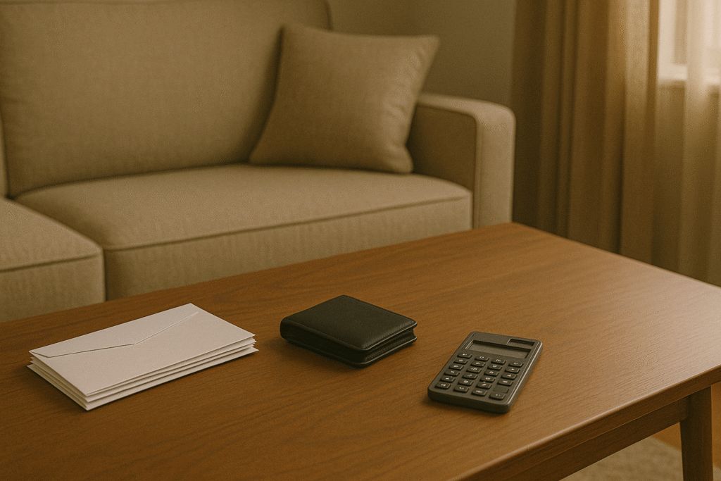 A modest living room with a coffee table displaying unopened mail, a wallet, and a calculator.
