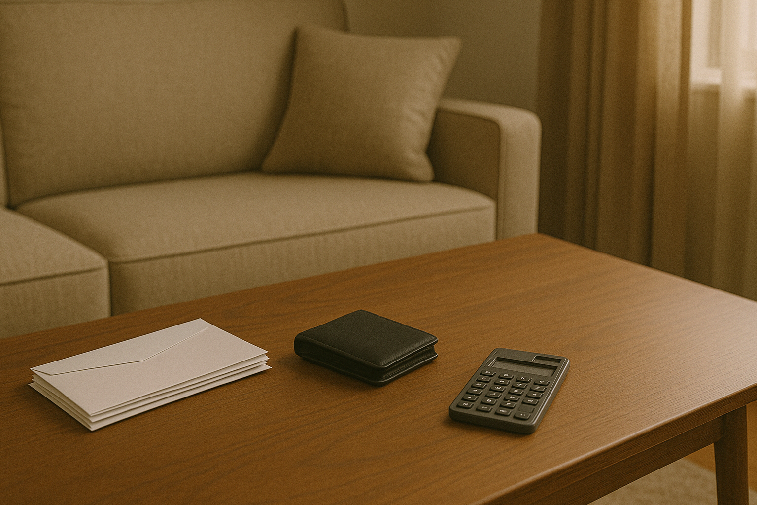 A modest living room with a coffee table displaying unopened mail, a wallet, and a calculator.