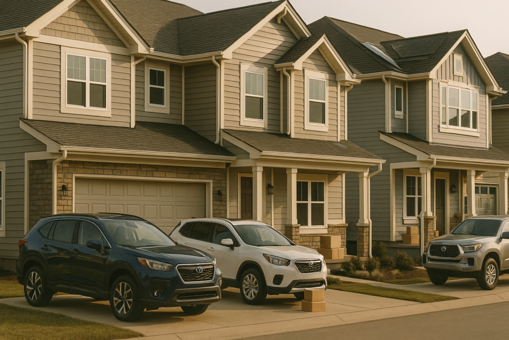 Suburban homes with new cars and delivery boxes, showing visible signs of lifestyle spending.