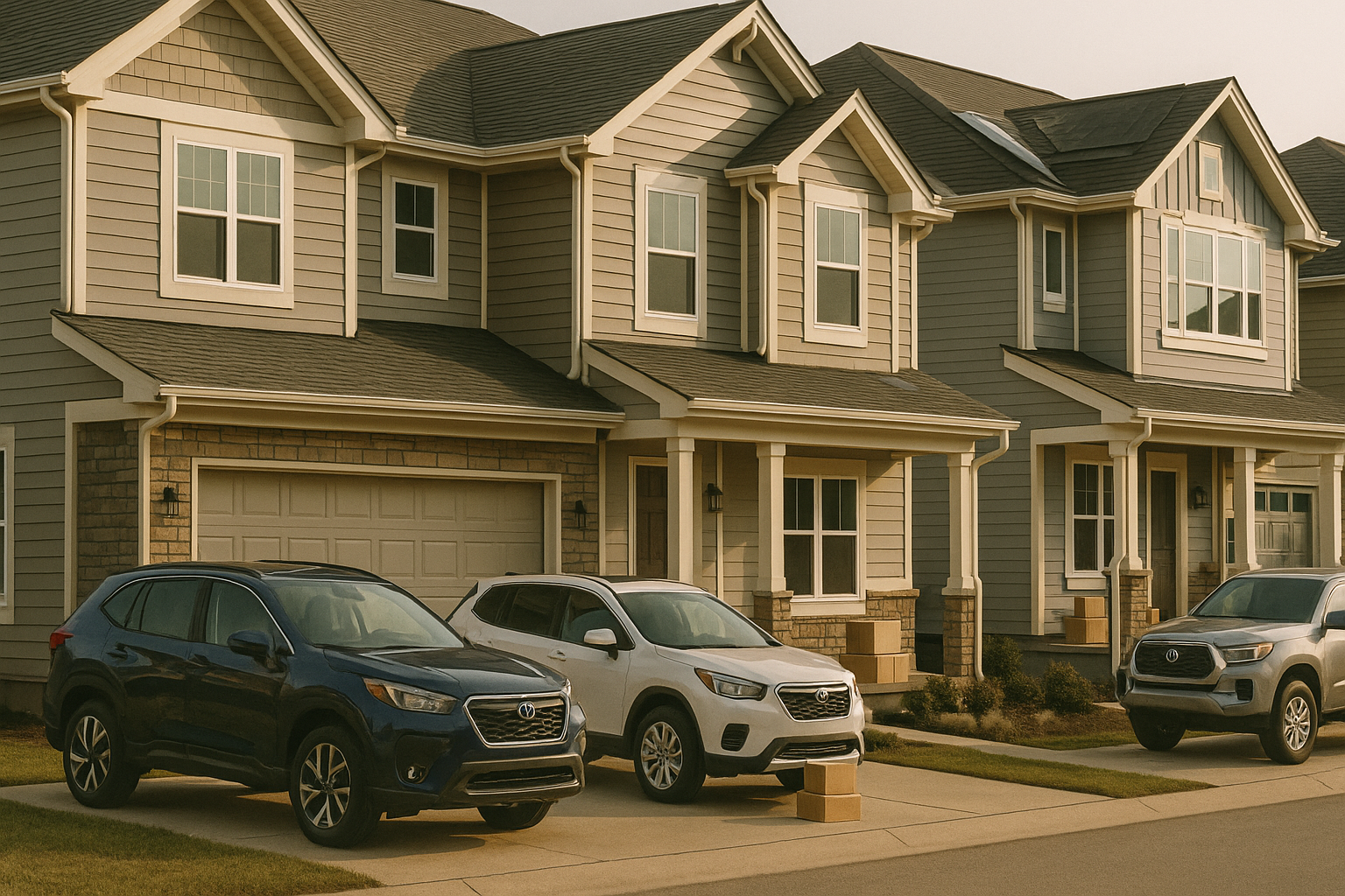 Suburban homes with new cars and delivery boxes, showing visible signs of lifestyle spending.