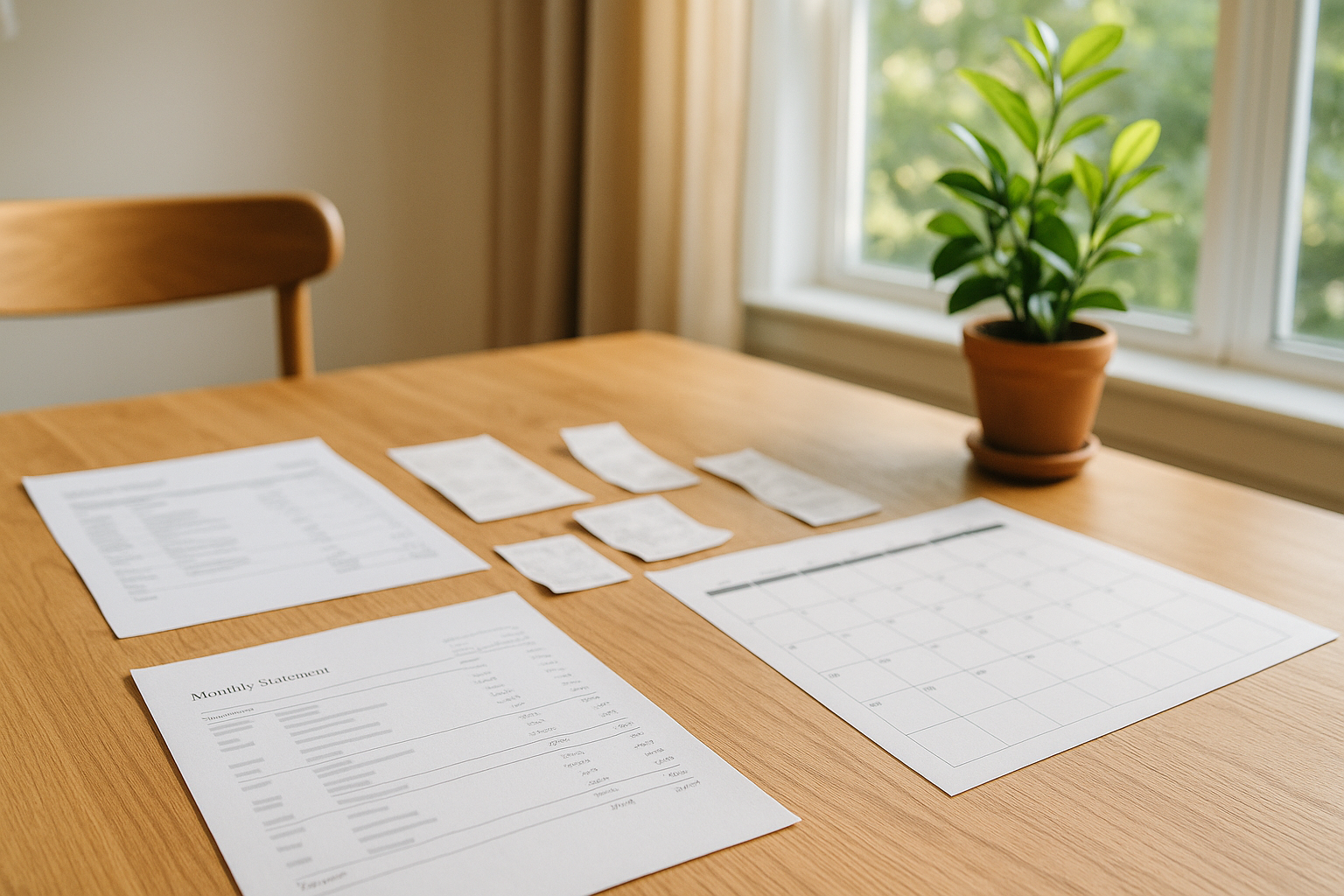 Dining table with receipts and bank statements