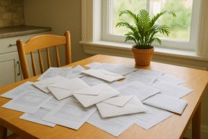 Cluttered kitchen table with bills and envelopes
