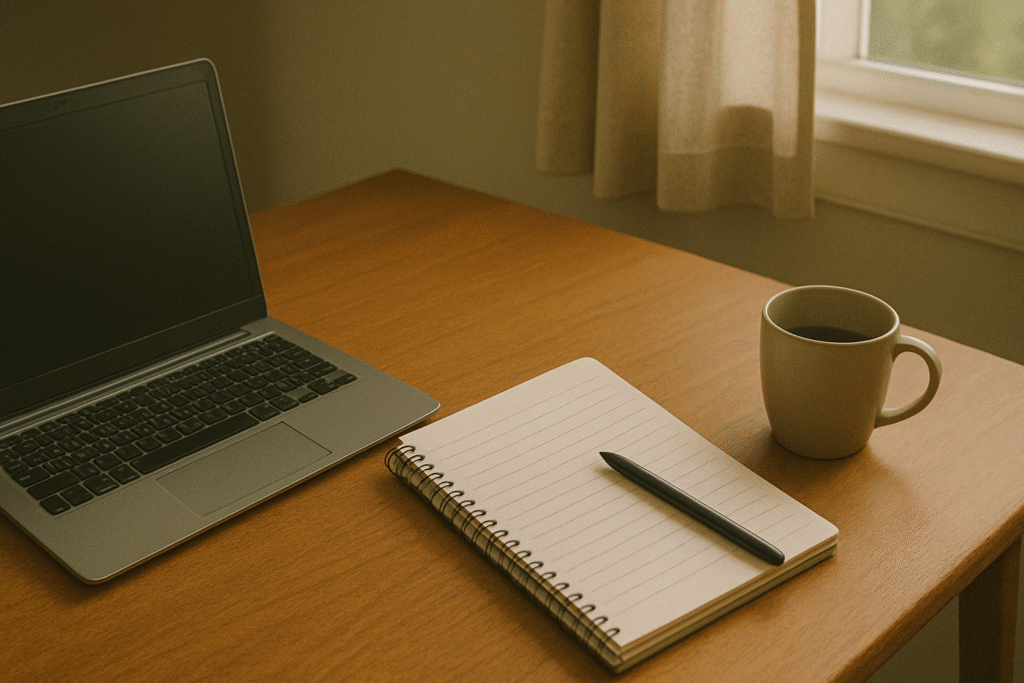 A simple home workspace with a laptop and budget sheet, representing the quiet, consistent habits that build lasting wealth.