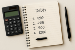 A notebook with a handwritten list of debts, with smaller balances crossed out, beside a calculator and pen on a desk.