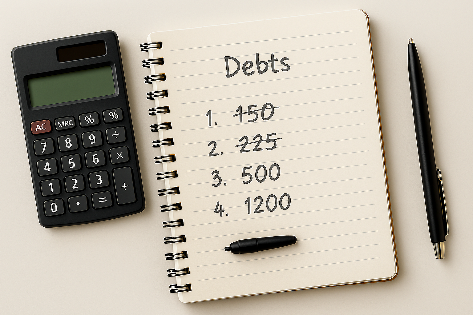 A notebook with a handwritten list of debts, with smaller balances crossed out, beside a calculator and pen on a desk.
