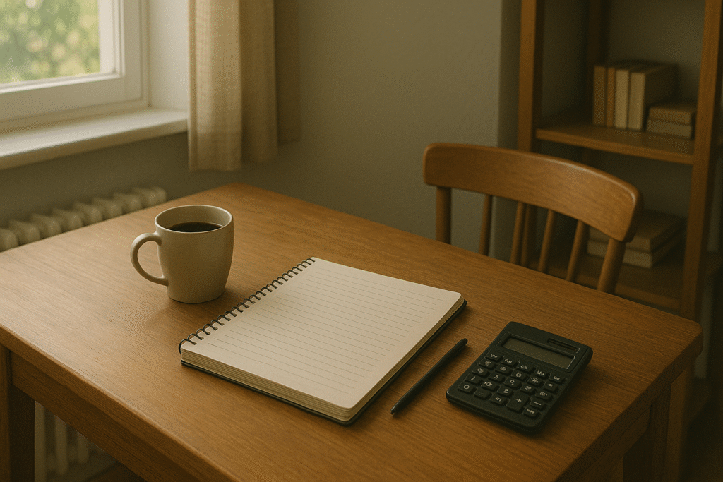 A simple workspace with a notebook, calculator, and coffee cup, representing the everyday habits that lead to financial stability.