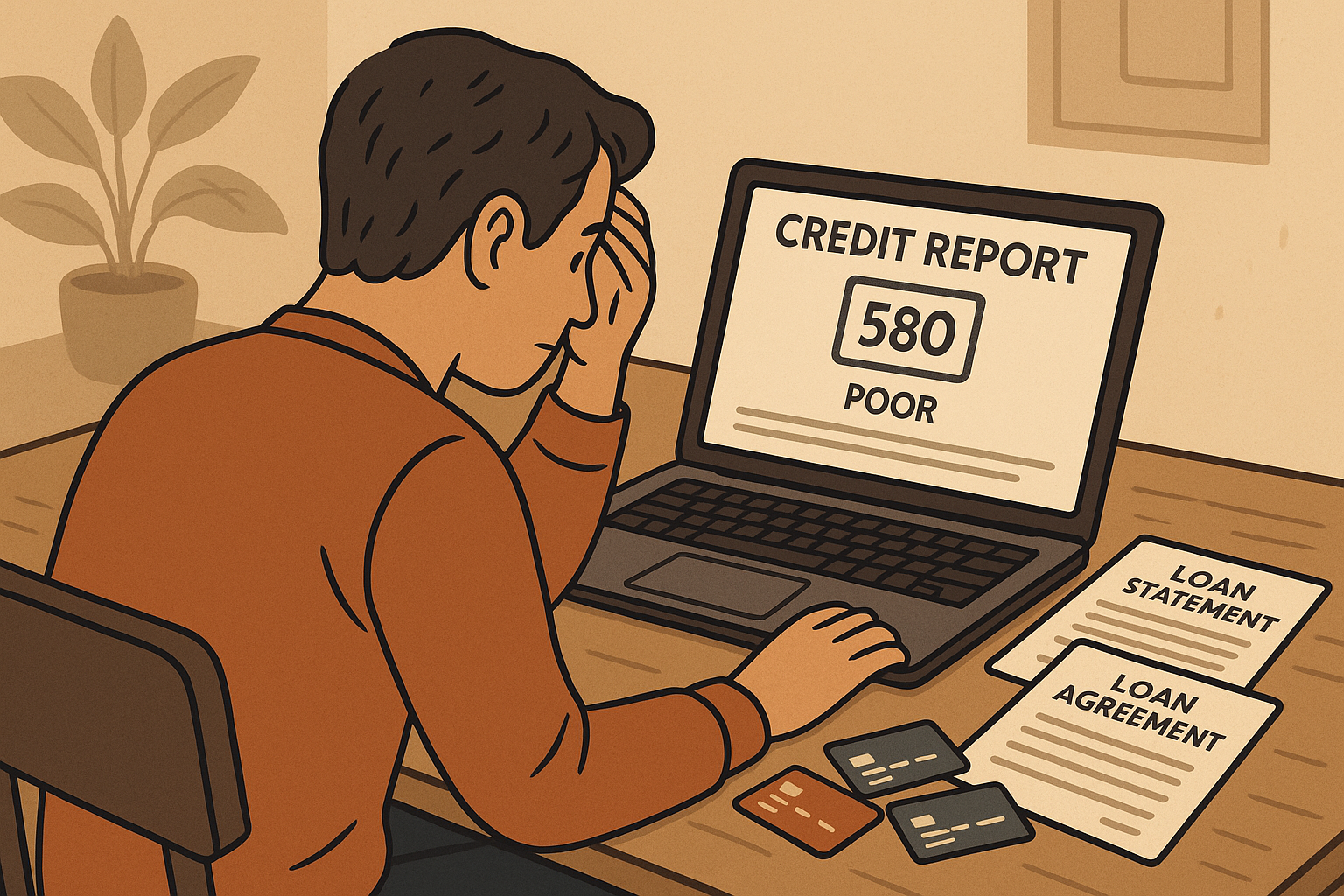 Person reviewing a credit report on a laptop at a desk with credit cards and loan documents, highlighting the emotional and financial weight of credit scoring.