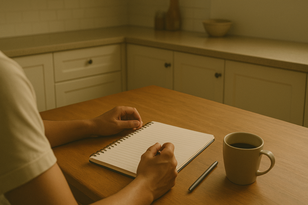 Person reviewing a financial plan at a kitchen table with a notebook and coffee mug, representing long-term financial habits and calm, consistent decision-making.