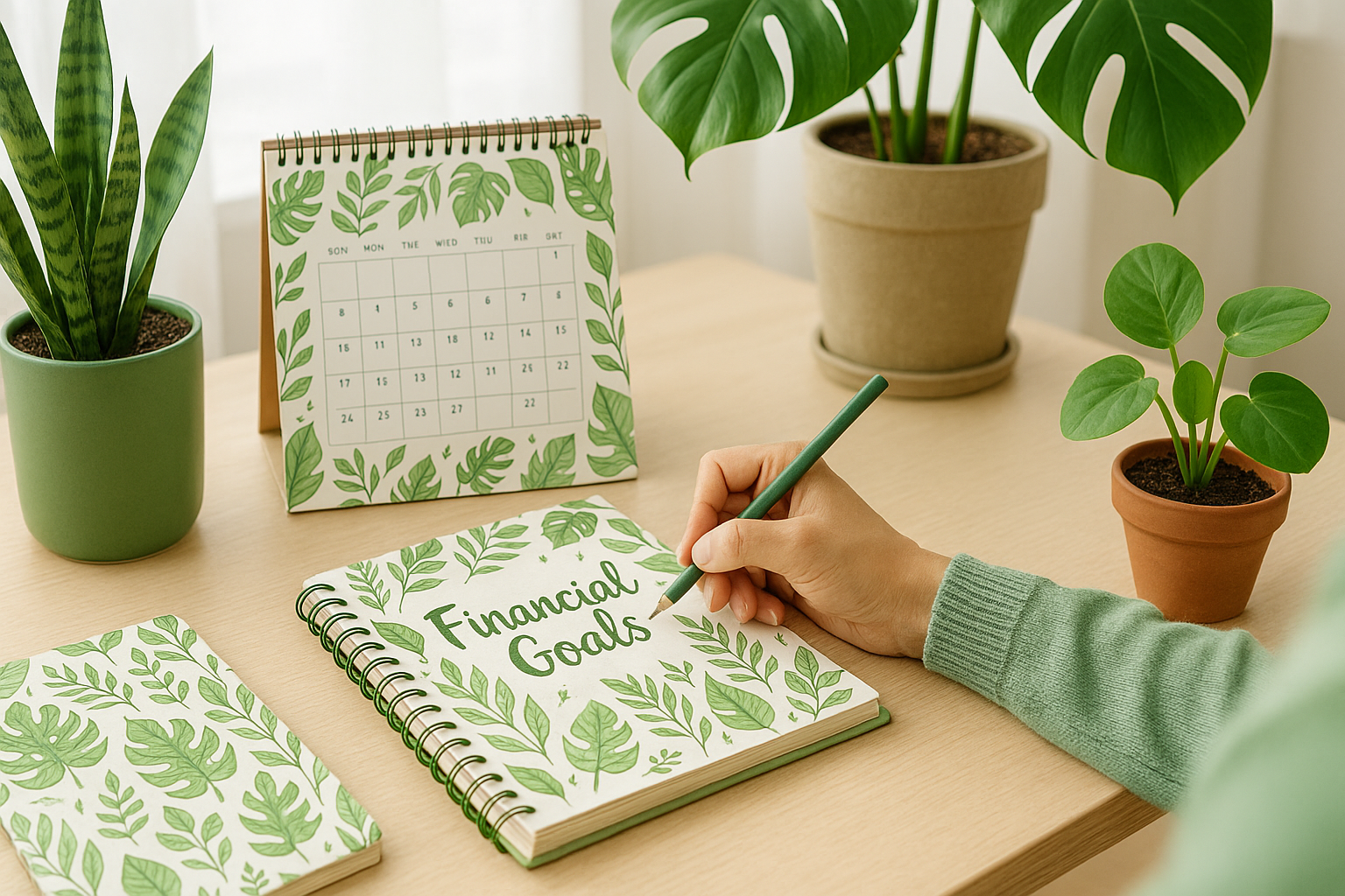 A person preparing a notebook for financial goals
