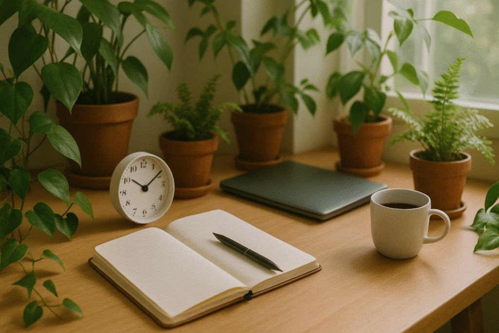 Open notebook and pen on a desk beside a clock and coffee cup, symbolizing focused financial planning time.