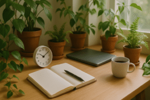 Open notebook and pen on a desk beside a clock and coffee cup, symbolizing focused financial planning time.
